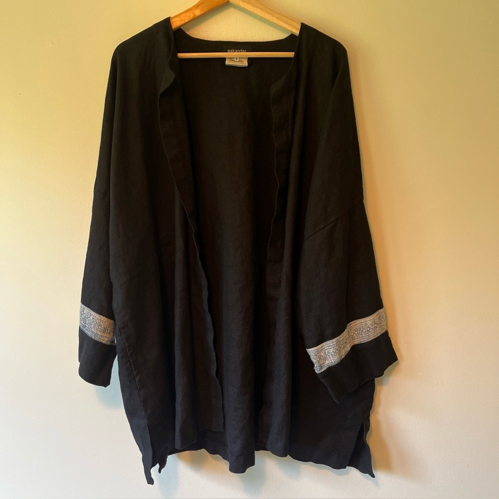Eskandar Neiman Marcus Duster Jacket Linen Lagenlook Ethnic Shibori Sleeve Open